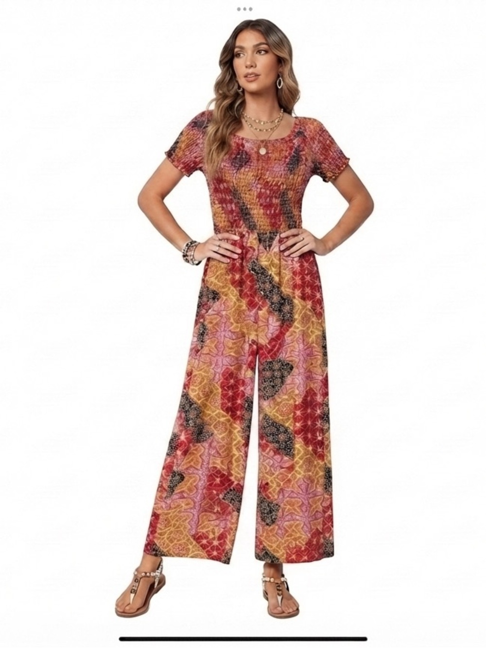xhilaration boho dress Style Patchwork Geometric Print Smocked Wide Leg Size:US14/UK18 material: Embroidered Fendi Crepe de Chine